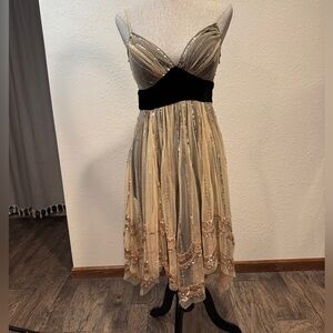 Mac Duggal Couture Gold and Black Sequin Midi Dress w side zip